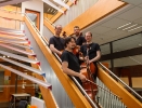 Die Vier EvangCellisten nach den Schulkonzerten an der Musischen Realschule Naila 2014 (Foto: Silvia Melzner, Archiv)
